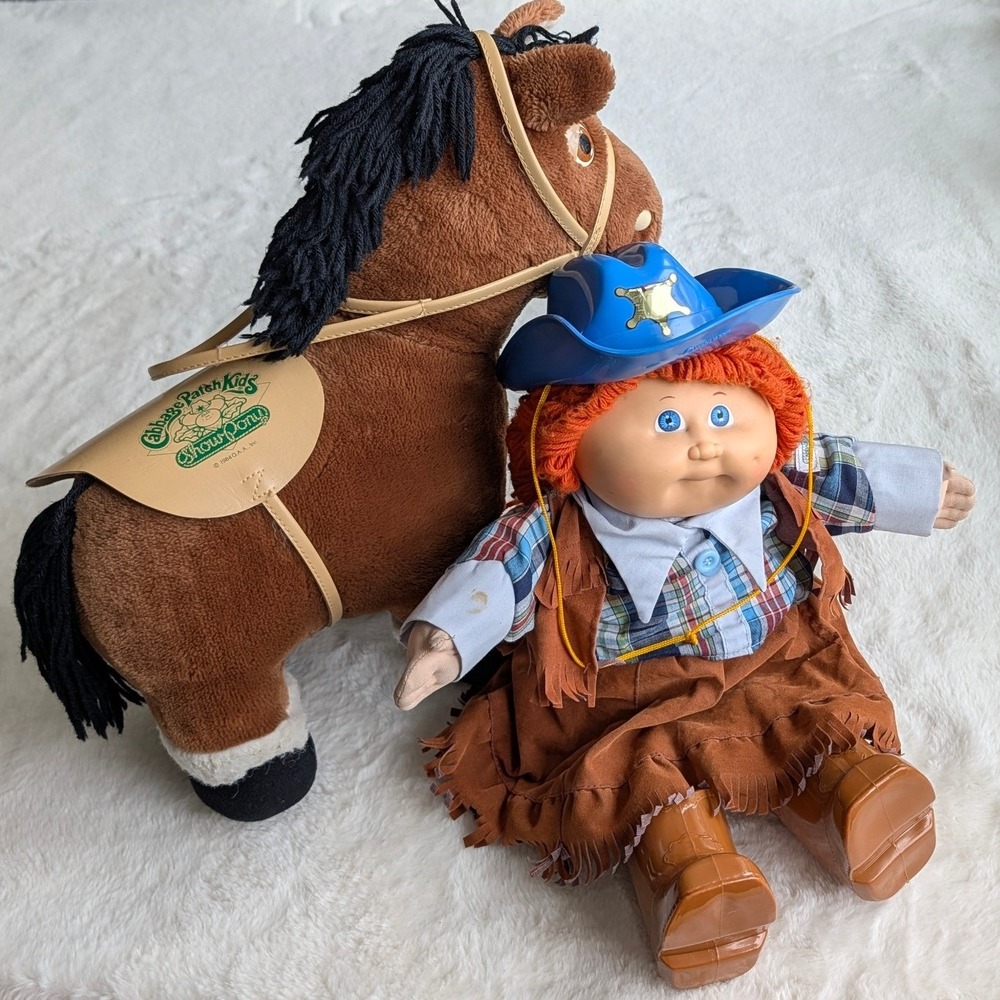 Vintage Cabbage Patch Kids Cowgirl Doll and 1984 Show Pony Plush Set Coleco